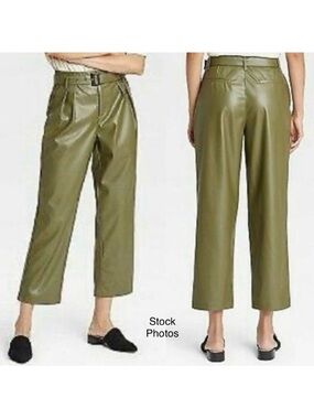 NWOT Faux Leather High-Rise Belted Cropped Olive Pants (12)